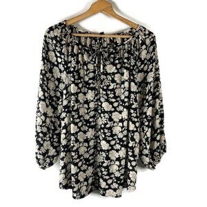CHAPS Womens Blouse Top Size Large Sheer Black White Floral Peasant 3/4 Sleeve